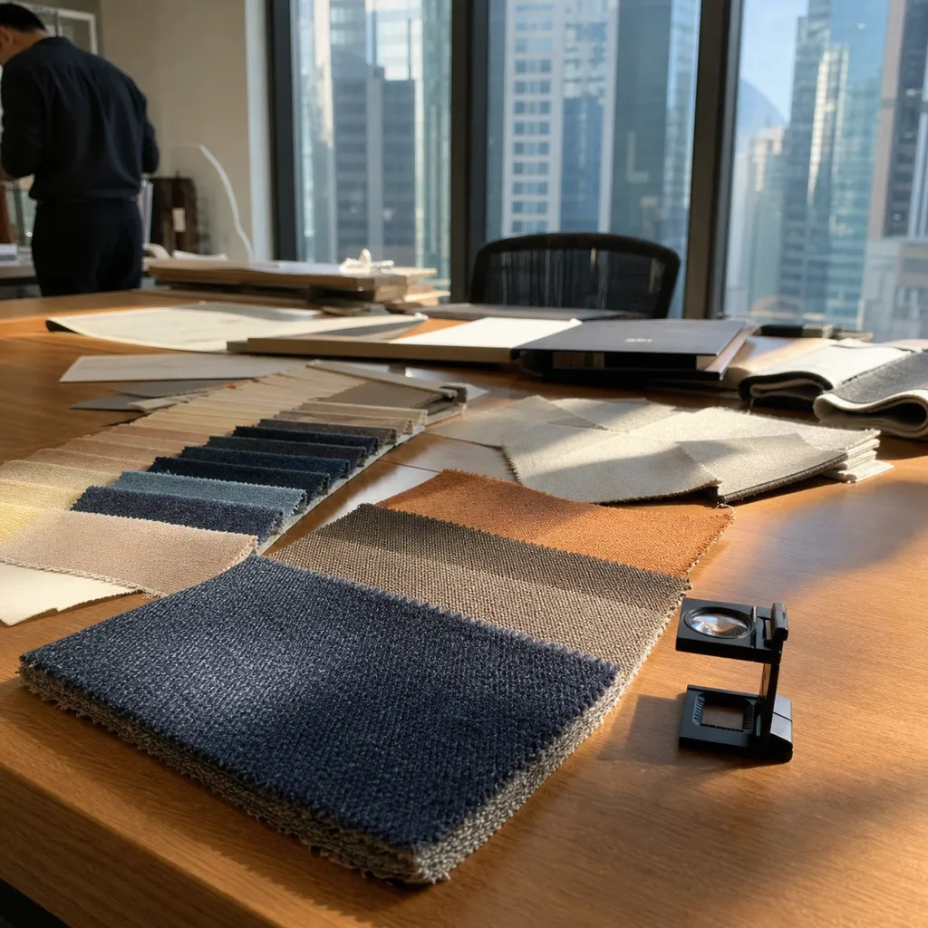 A bright corner office above Central with fabric swatches pinned across a long worktable, daylight from tall windows