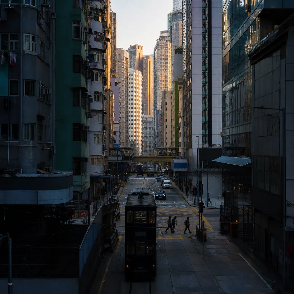 The dense towers of Central, Hong Kong seen from a side street in late-afternoon light, trams passing below