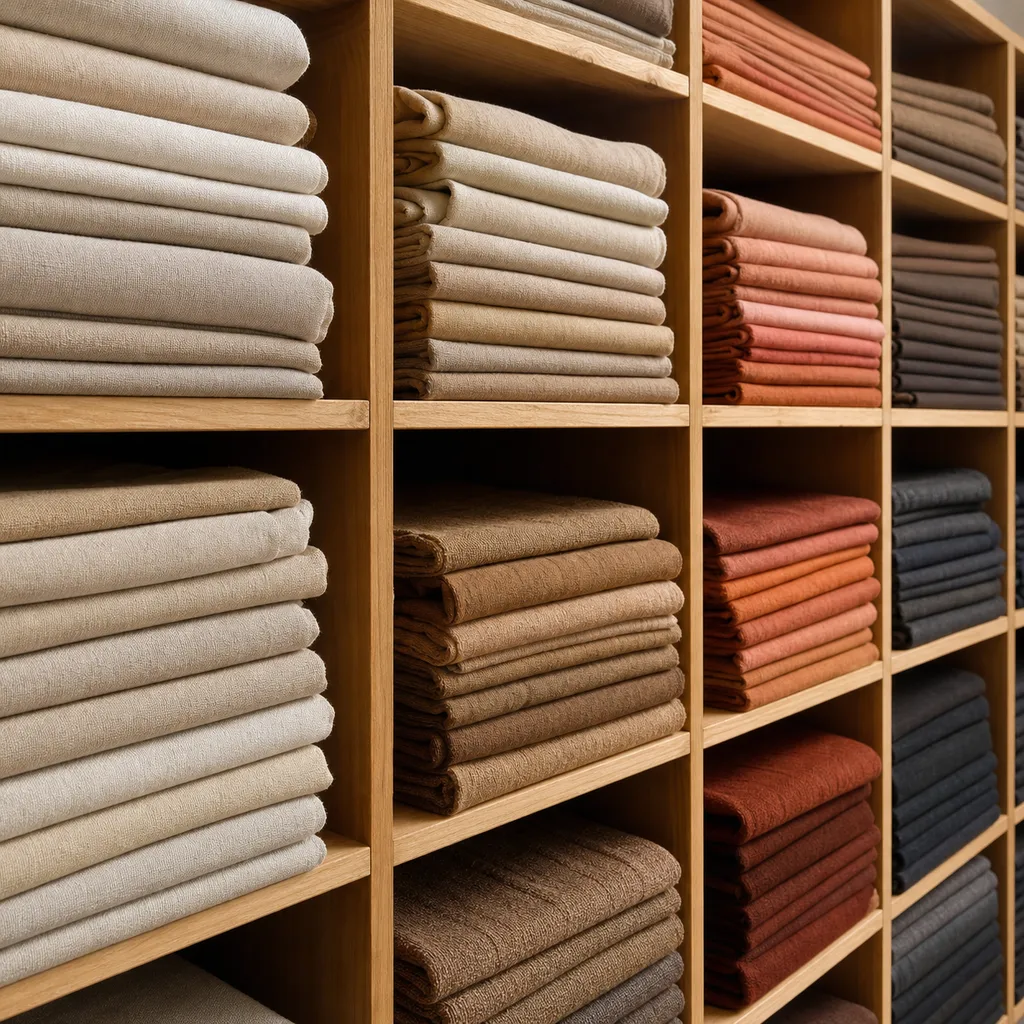 A wall of folded fabric lengths in graduated earth tones, oatmeal through terracotta to charcoal, lit from one side