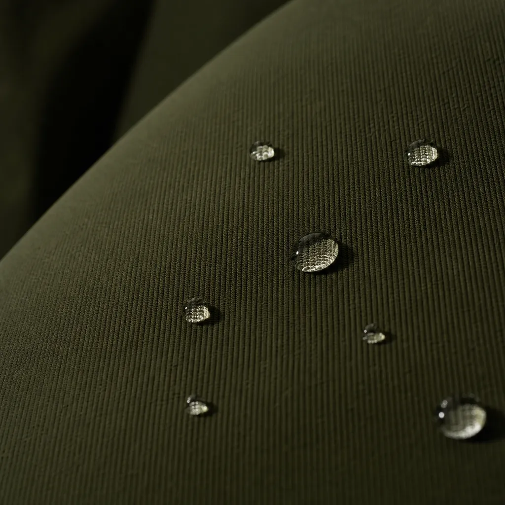 Macro of a technical bonded knit with a fine ribbed face and matte water-repellent finish in deep olive