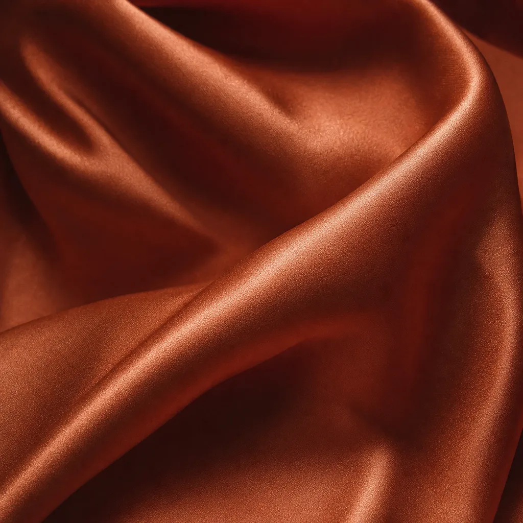 Detail of mulberry silk charmeuse with a fluid liquid sheen catching directional light, deep clay colour