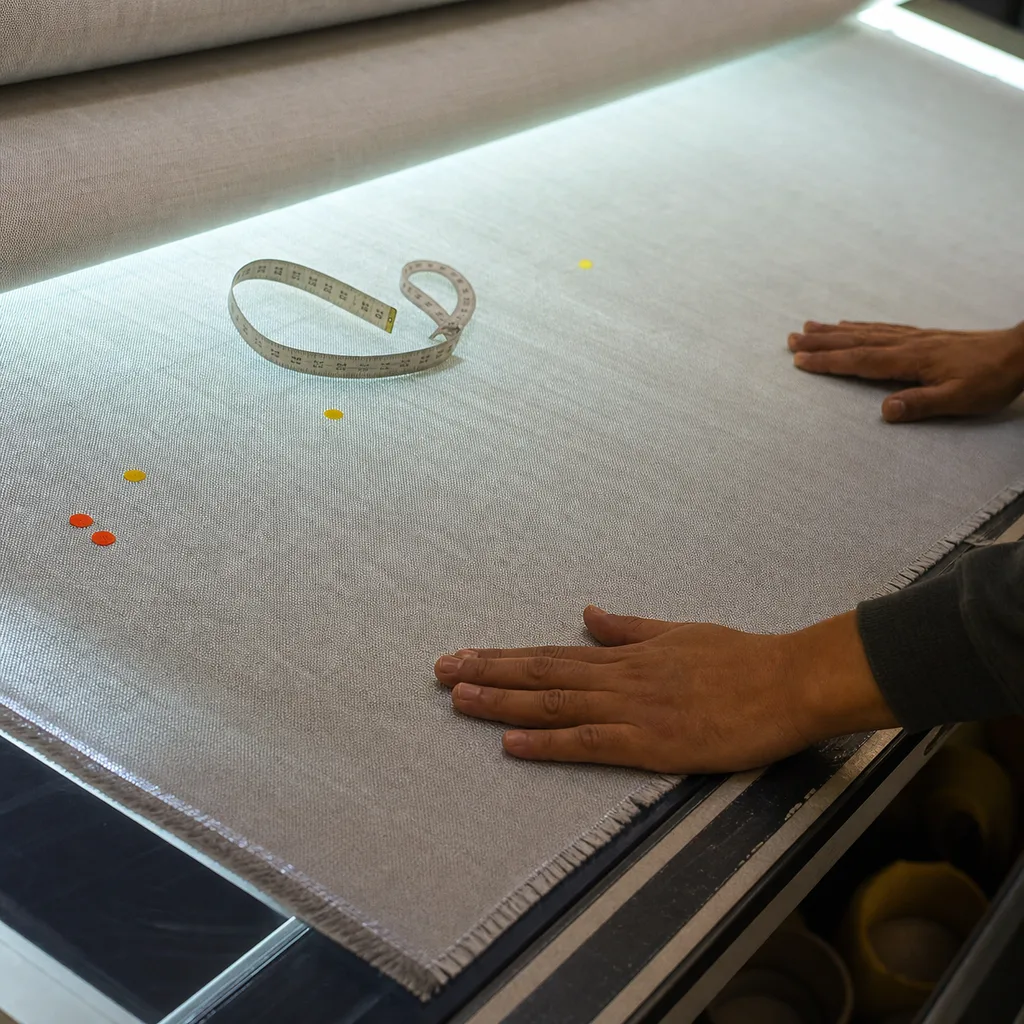 A length of cloth drawn across a backlit inspection table with a measuring tape and fault stickers, hands smoothing the surface