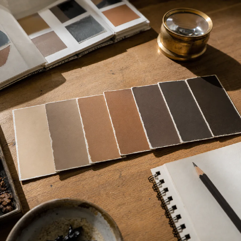 An open swatch book and lab-dip cards spread across a worktable beside a loupe and a notebook, raking daylight